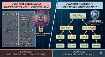 Image of a comparison between quantum-vulnerable elliptic curve cryptography and quantum-resistant hash-based cryptography